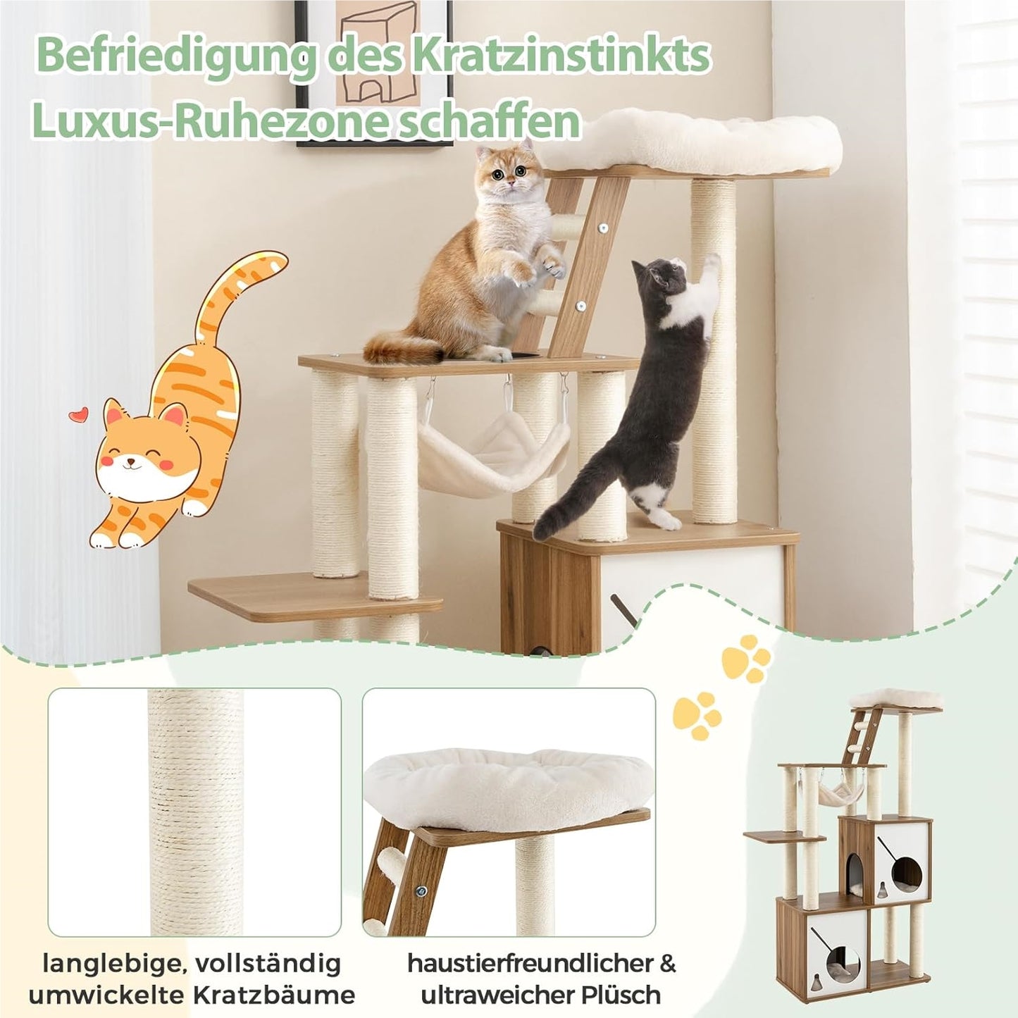 Kattenboom – Krabpaal – Klimpaal – Kattenhuis – Kattenmeubel – 145 cm Hoog – Duurzaam Sisal & Zacht Pluche