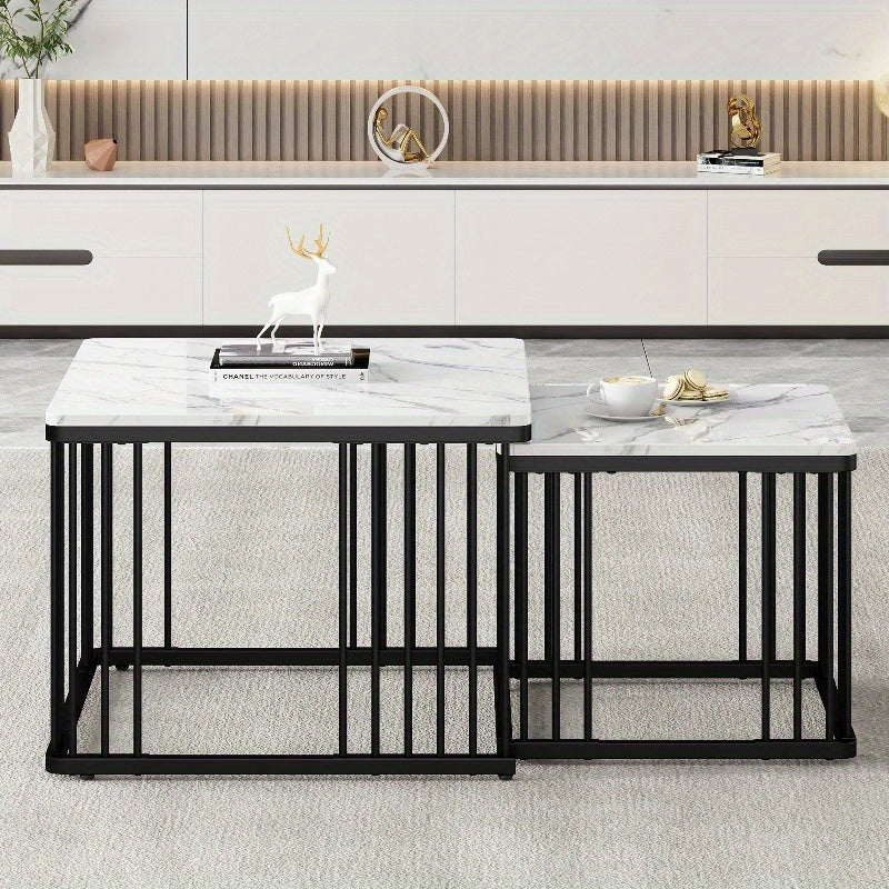 Koffietafel Set – Salontafel – Bijzettafel – Lounge Tafel – Woonkamertafel – Hoogglans Marmerlook – Verstelbare Pootjes – Metaal – 2-delig – 60x60x45 & 45x45x40 cm