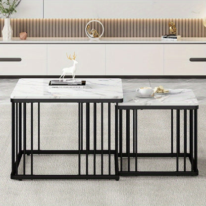 Koffietafel Set – Salontafel – Bijzettafel – Lounge Tafel – Woonkamertafel – Hoogglans Marmerlook – Verstelbare Pootjes – Metaal – 2-delig – 60x60x45 & 45x45x40 cm