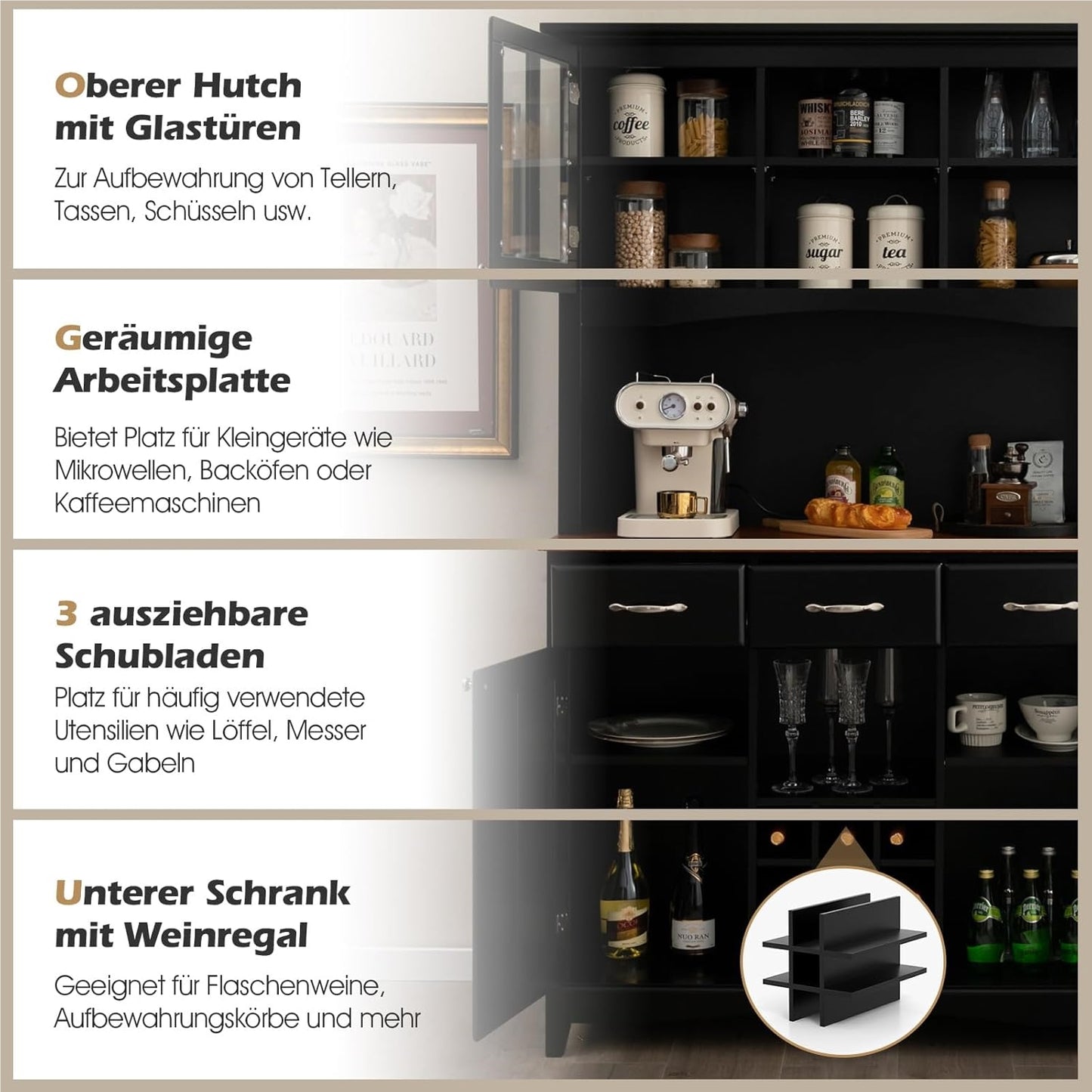 Keukenkast – Keukenbuffet – Kast – Dressoir – Opbergkast – Zwart – 3 Laden En Verstelbare Planken – Wijnrek En Open Schappen – 112x43x184,5 cm