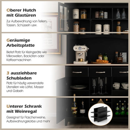 Keukenkast – Keukenbuffet – Kast – Dressoir – Opbergkast – Zwart – 3 Laden En Verstelbare Planken – Wijnrek En Open Schappen – 112x43x184,5 cm