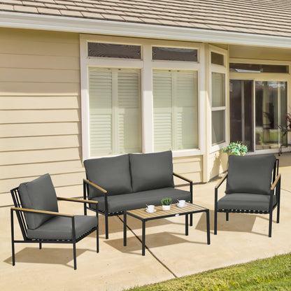 Tuinmeubelset 4-Delig – Loungeset – Buitenmeubelset – Tuinbank – Fauteuils – Zwart Stalen Frame – Dik Gevoerde Kussens