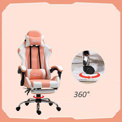 Gamingstoel – Gamestoel – Gaming Chair – Bureaustoel – Game Stoel – Ergonomisch – Verstelbare Hoofdsteun – 360° Draaibaar – Roze/Wit – Stevige Constructie – Comfortabel Gevuld