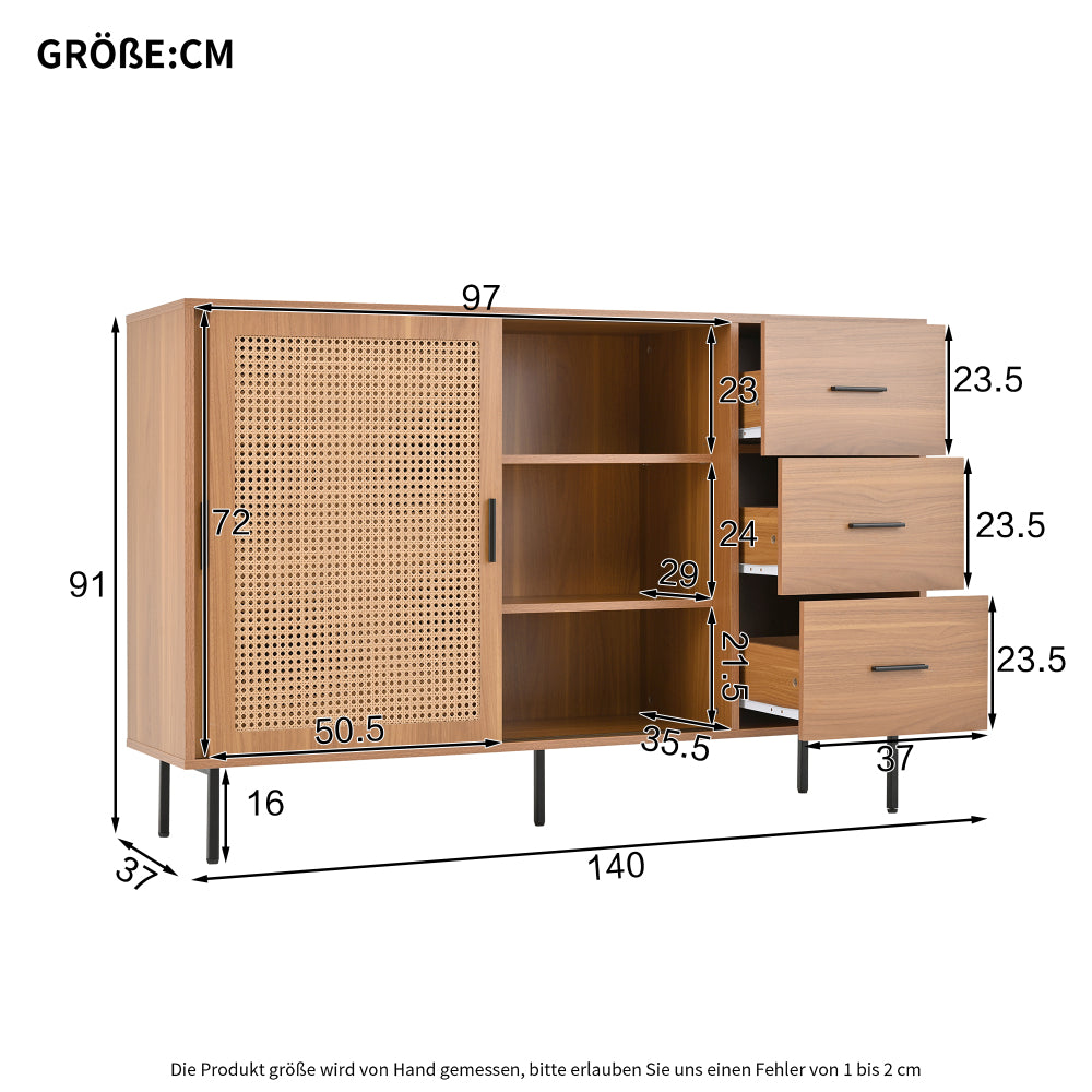 Modern Rustic Sliding Door Sideboard Cabinet with 2 Doors & 3 Adjustable Shelves - Large Storage Non-Wood Brown, Black Frame Buffet for, Dining Area - 140cm Wide Contemporary Furniture (Easy Assembly Required)