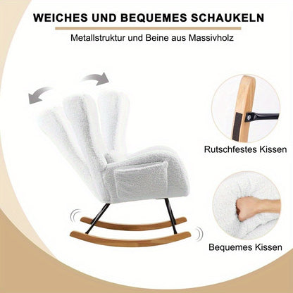 Schommelstoel – Relaxstoel – Fauteuil – Voedingsstoel – Loungestoel – Ergonomisch Design – Memory Foam Zitting – Hoge Rugleuning – Teddy Stof – Massief Houten Frame – Handmatig Schommelmechanisme – Grijs