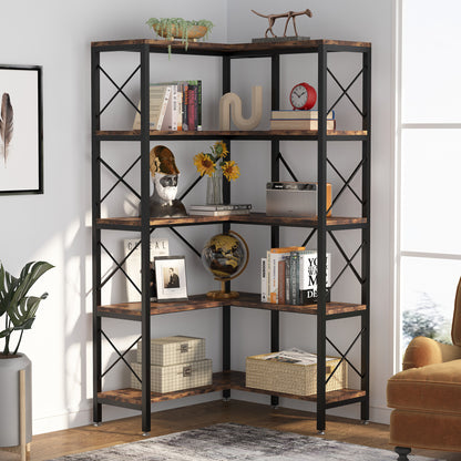 Hoekboekenkast – Hoekkast – Boekenkast – Opbergkast – Wandplank – Vrijstaand – 7 Planken – Metalen Frame – Wit – Ruimtebesparend – Stabiel