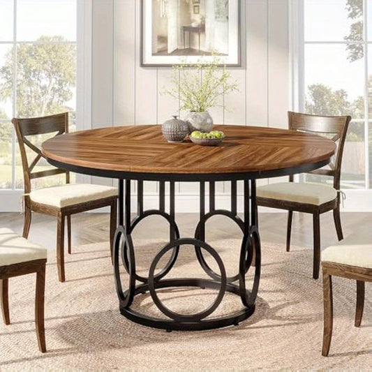 Ronde Eettafel – Ronde Tafel – Eetkamertafel – Keukentafel – Eethoek – MDF Met Walnootlook – Met Metalen Onderstel – 120 cm – Voor 4 Personen