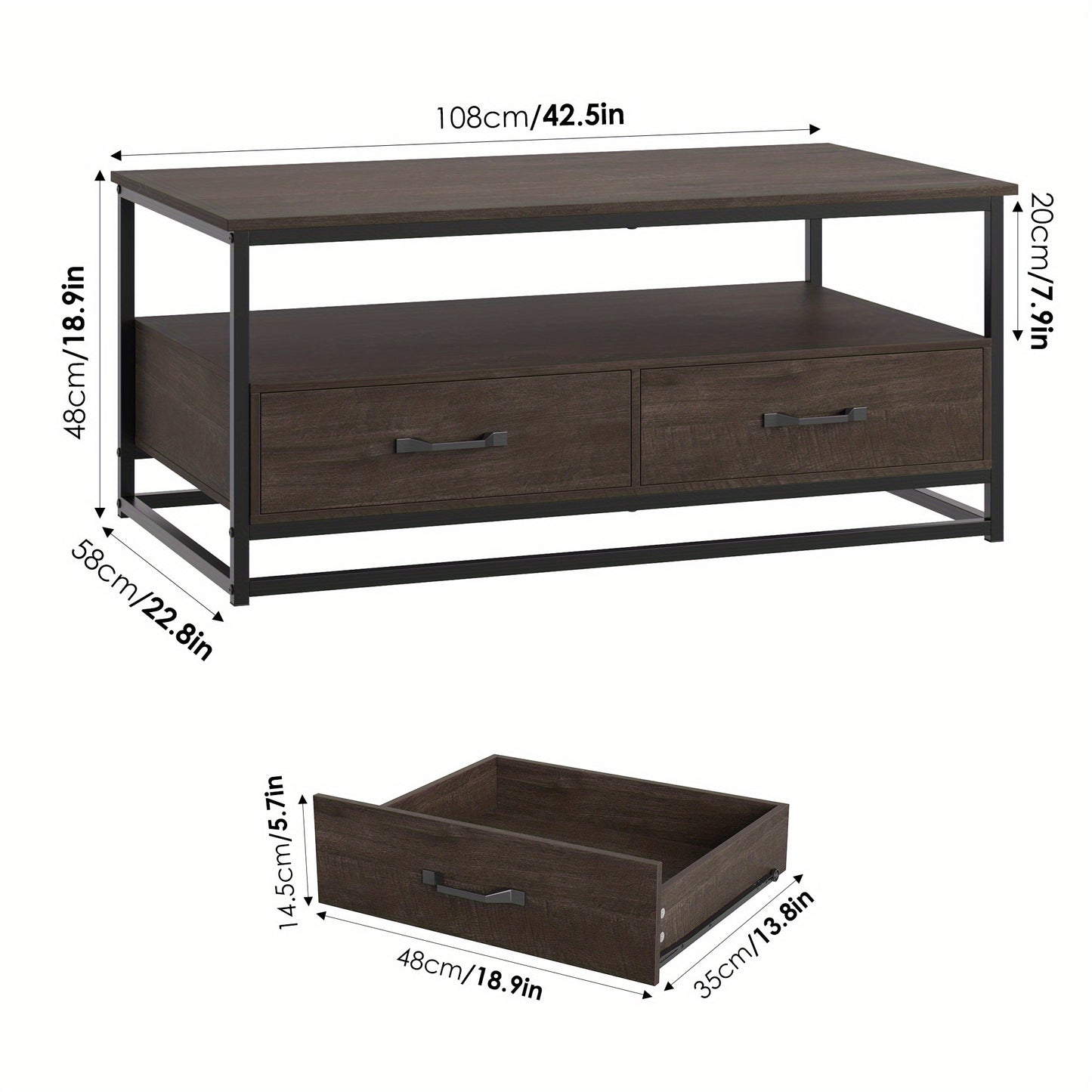 Salontafel – Koffietafel – Bijzettafel – Houten Tafel – Vintage Tafel – Metaal En Hout – 105x58x48 cm – 2 Lades En Open Plank