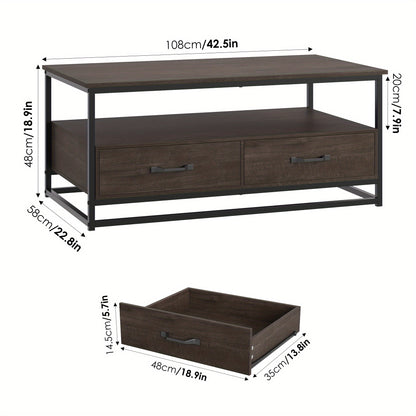 Salontafel – Koffietafel – Bijzettafel – Houten Tafel – Vintage Tafel – Metaal En Hout – 105x58x48 cm – 2 Lades En Open Plank