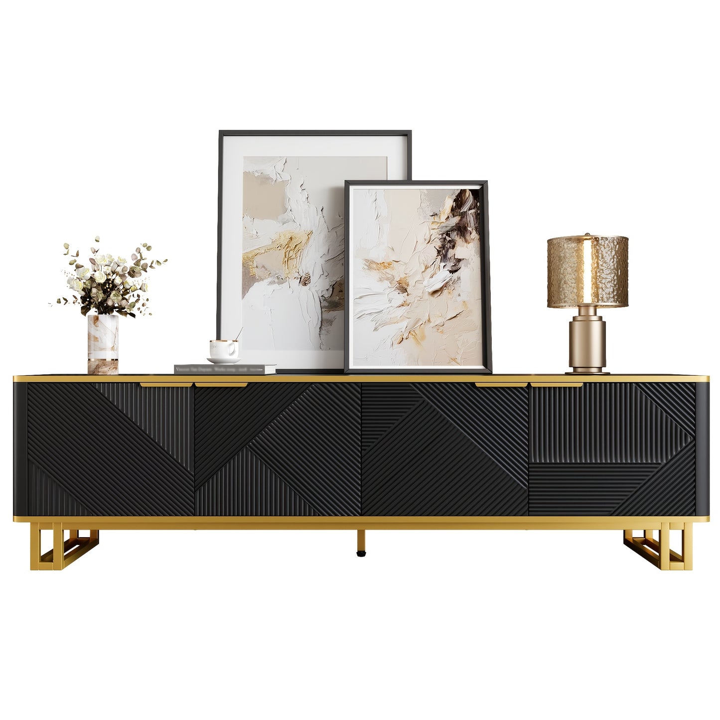 Modern Low-Profile 4-Door TV Stand Cabinet with Geometric Texture Panel Doors - Non-Wood TV Entertainment Center Suitable for Flat-Screen TVs, Easy Assembly, Space-Saving Design
