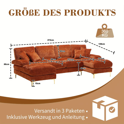 Hoekbank – Hoekbanken – U-bank – 4-zitsbank – Zitbank – Oranje Chenille – Dubbele Relaxzetels – Ruim U-vormig Design