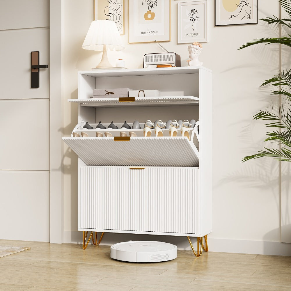 Schoenenkastje – Schoenenrek – Schoenenopberger – Schoenenkast – Schoenendoos – Wit – 80x24x118,5 cm – 3 Opbergvakken – MDF Metalen Handgrepen