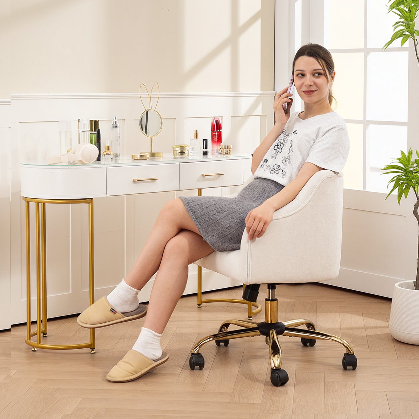Bureaustoel – Bureaustoelen – Kantoorstoel – Office Chair – Bureaustoel – Linnen Bekleding – Verstelbare Zithoogte – Gouden Poten – Beige