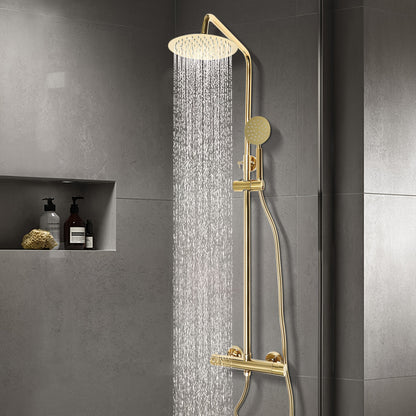 Douchesysteem – Regendouche – Douchekolom – Douchekraan – Doucheplaat – Thermostatisch – Messing Goud – 20 cm Regendouchekop – Verstelbare Hoogte 70-110 cm