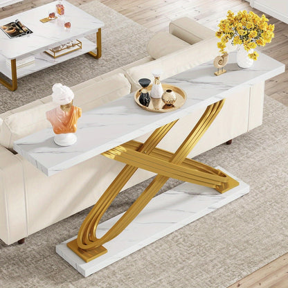 Sidetable – Consoletafel – Wandtafel – Haltafel – Bijzettafel – Smal Design – Houten Blad Met Witte Marmerlook – Goud Metalen Frame – 139,7 cm Lang