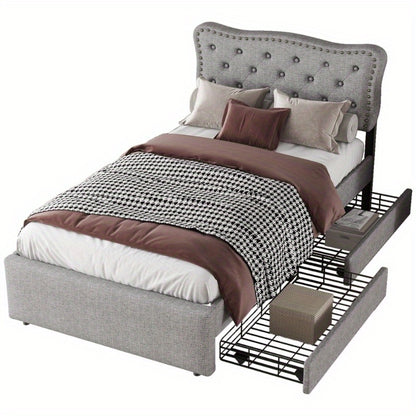 Bedframe – Bed – Eenpersoonsbed – Slaapbank – Bedbank – Moderne Stoffering – 90x200 cm – Met Opbergladen