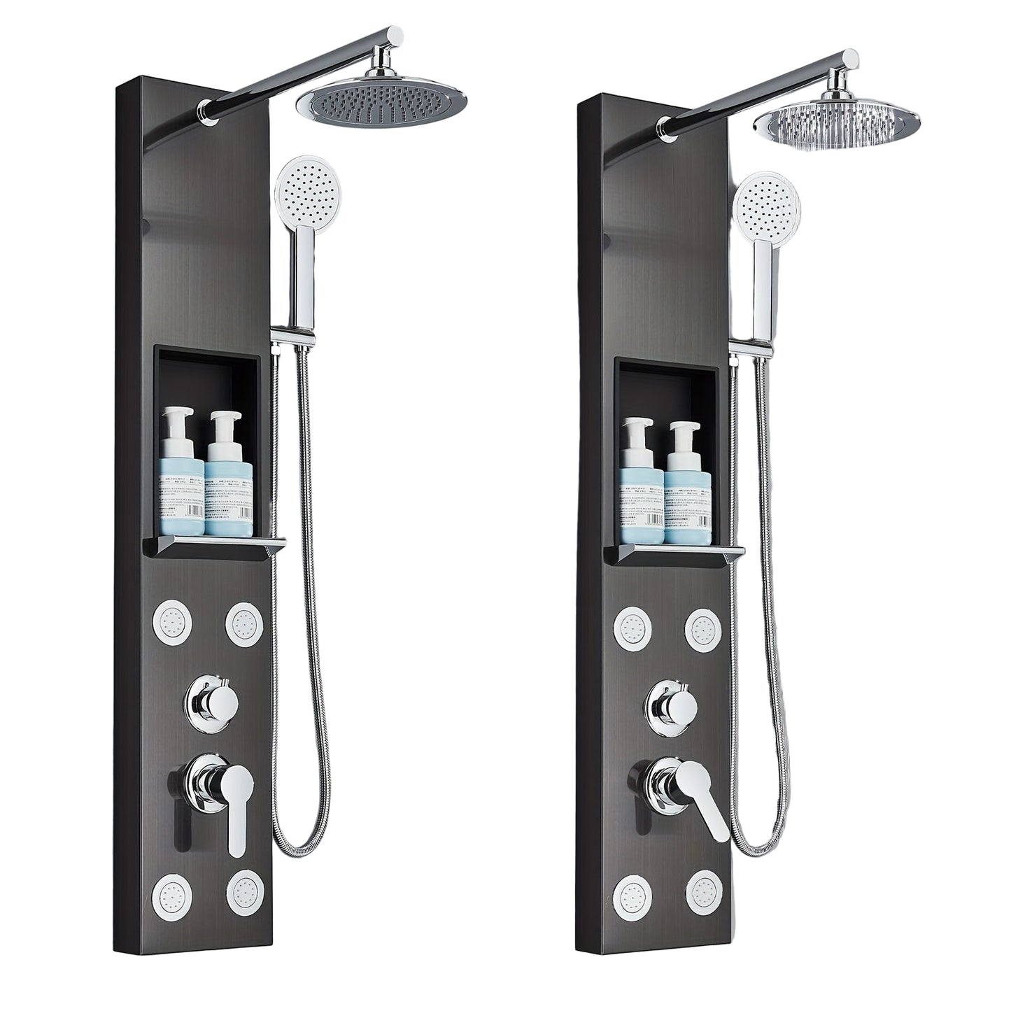 Douchepaneel – Douchewand – Regendouche – Massagepaneel – Handdouche – Geborsteld Nikkel – Roestvrij Staal – 5 Functies – Wandmontage – Ingebouwde Plankjes