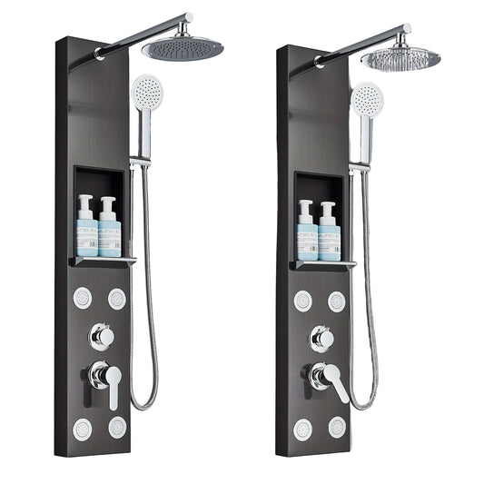 Douchepaneel – Douchewand – Regendouche – Massagepaneel – Handdouche – Geborsteld Nikkel – Roestvrij Staal – 5 Functies – Wandmontage – Ingebouwde Plankjes