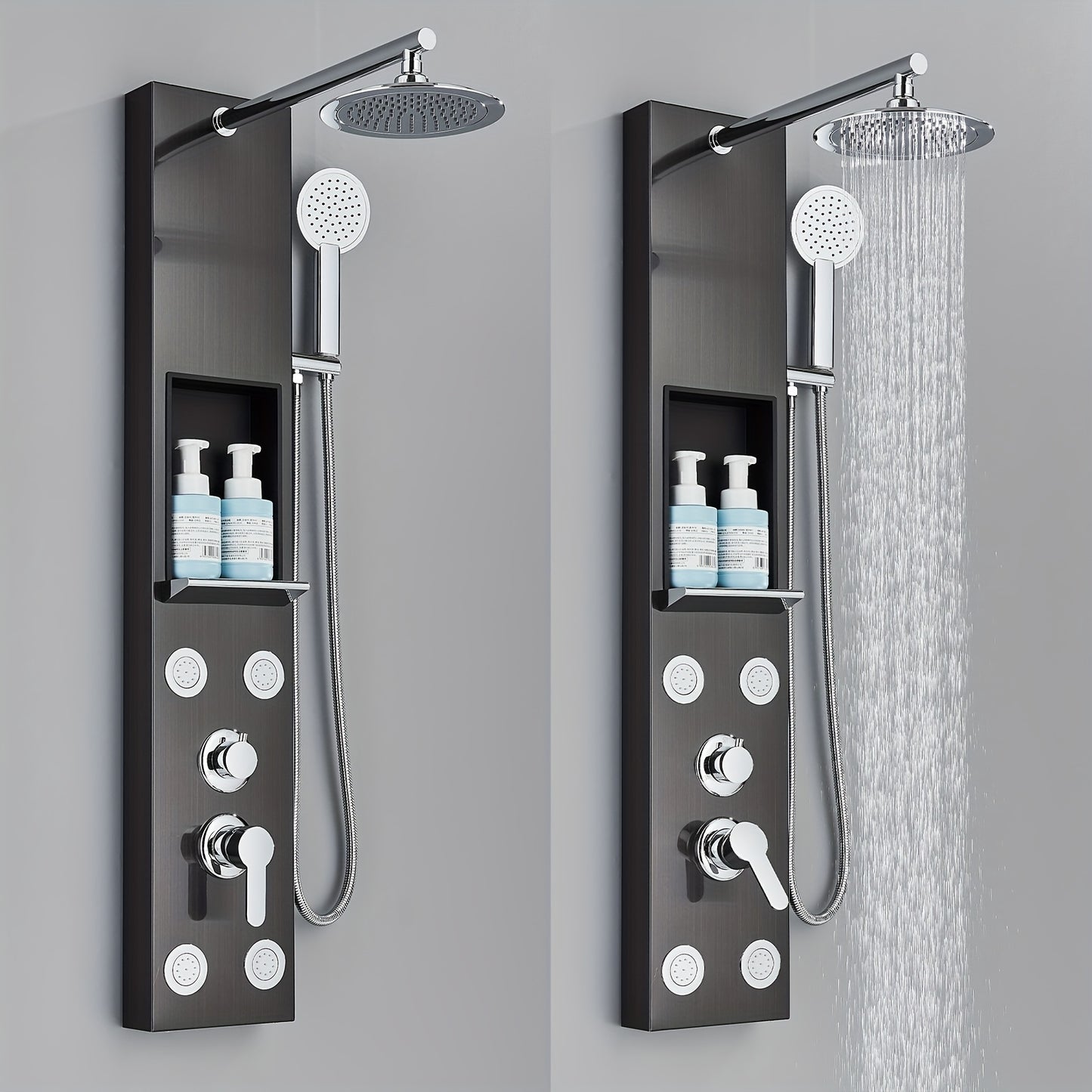 Brushed Nickel Shower Panel Tower System, 5-Function Shower Faucet SetRainfall Shower Head with Massage Jets Tub Spout Shower Shelves, Stainless Steel, Wall Mount