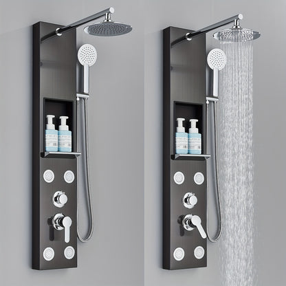 Brushed Nickel Shower Panel Tower System, 5-Function Shower Faucet SetRainfall Shower Head with Massage Jets Tub Spout Shower Shelves, Stainless Steel, Wall Mount