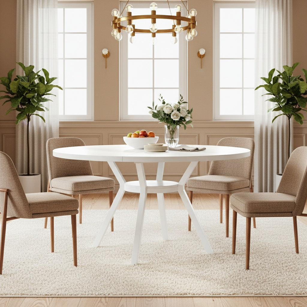 Ronde Eettafel – Eetkamertafel – Keukentafel – Ronde Tafel – Witte Tafel – MDF Tafelblad – Stabiel Metaal Onderstel – Ø 119 cm Voor 4-6 Personen