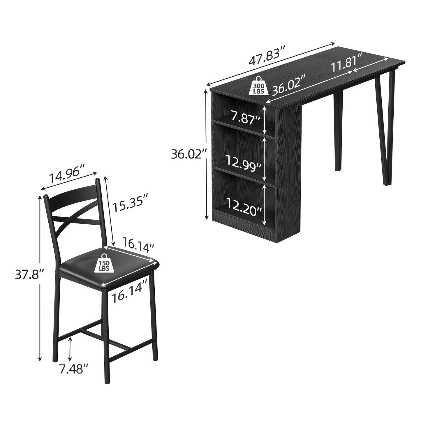 Barset – Bartafelset – Eettafelset – Bistroset – Keukentafel Set – Uitschuifbare Bartafel – Donker Hout Met Zwart Metaal – 3 Opbergladen – Compact Voor Kleine Ruimtes