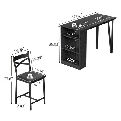 Barset – Bartafelset – Eettafelset – Bistroset – Keukentafel Set – Uitschuifbare Bartafel – Donker Hout Met Zwart Metaal – 3 Opbergladen – Compact Voor Kleine Ruimtes