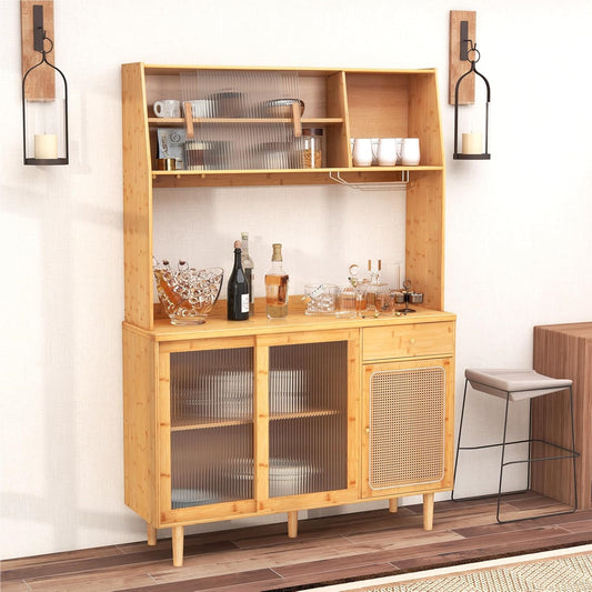 Buffetkast – Buffetkastje – Keukenkast – Opbergkast – Dressoir – Bamboe En Rattan – 120 cm Breed Werkblad – Schuifdeuren Met Glasrek
