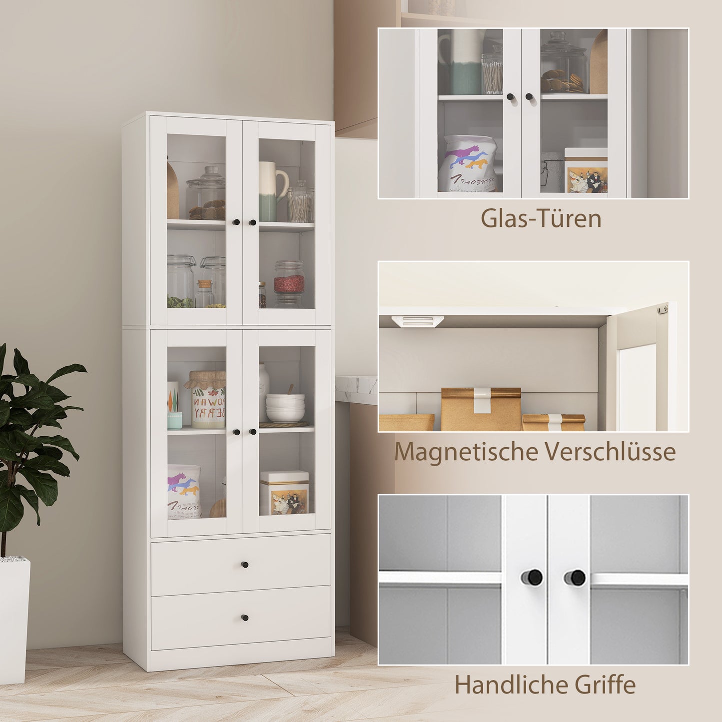 Keukenkast – Kast – Opbergmeubel – Dressoir – Ladekast – Wit – Glazen Deuren – Melamine Afwerking – Elektriciteitsvrij