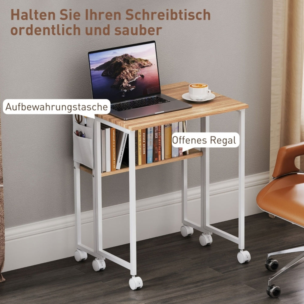 Mobiel Computerbureau – Bureau Met Wieltjes – Opvouwbaar Bureau – Werktafel – Laptoptafel – Compact Ontwerp – Houten Blad Met Metaalframe – Inclusief 2 Planken En Opbergruimte