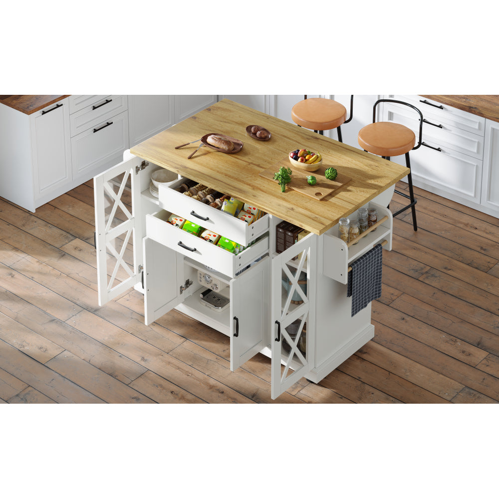 Mobile Kitchen Island with Wheels Castors - Adjustable Shelves & 2 Drawers, 4-Door Cabinet (2 Glass Doors), Compact Rolling Cart Suitable for Small Spaces, Assembly, Modern