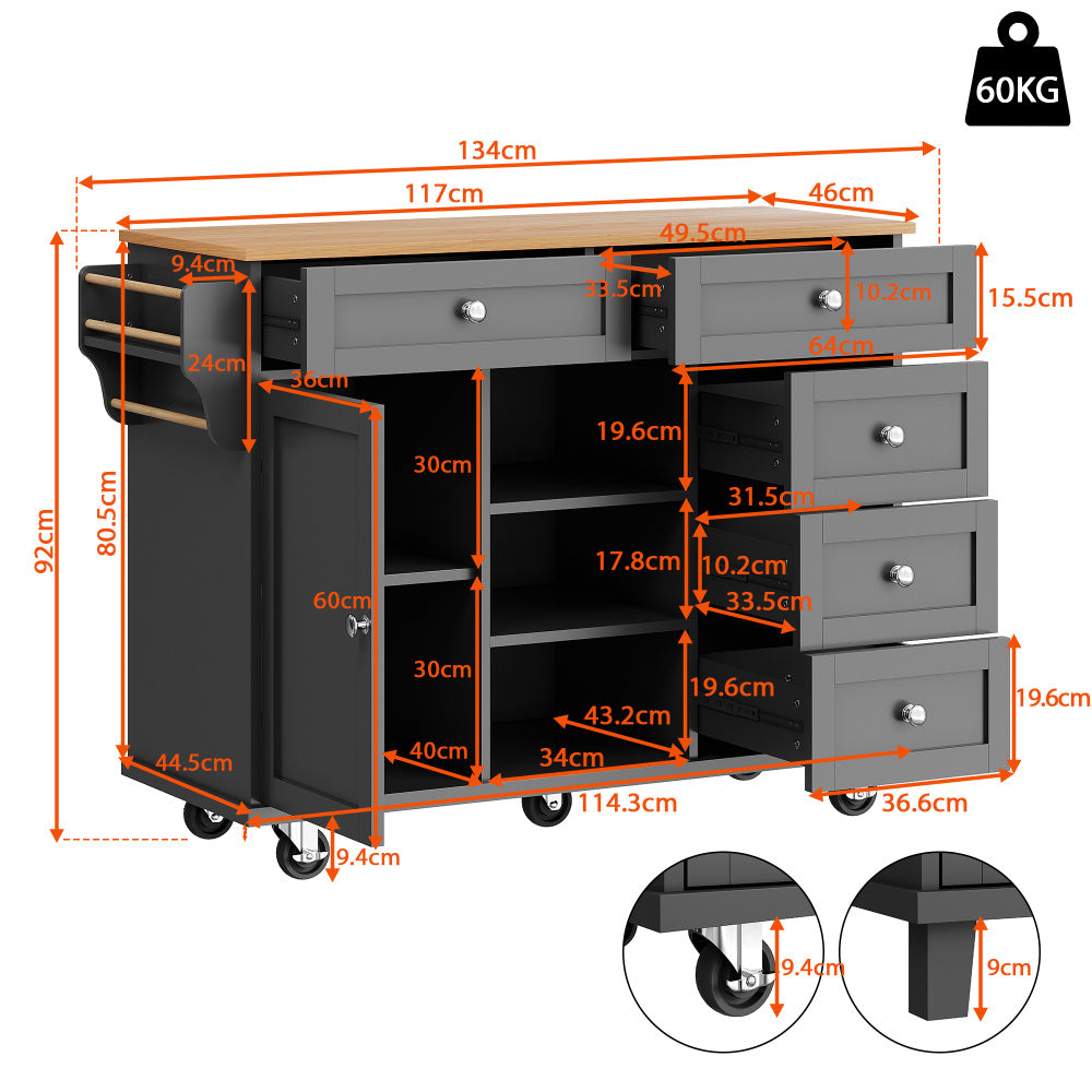 Serveerwagen – Keukentrolley – Opbergtrolley – Rolwagen – Keukenwagen – Mobiel en Vast Zetbaar – 134 x 46 x 92 cm – Strak Zwart Design
