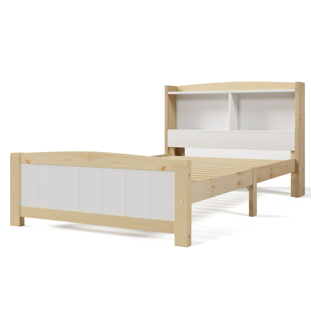 Bedframe – Eenpersoonsbed – Kinderbed – Logeerbed – Slaapbank – Massief Houten Frame – Opbergruimte Hoofdeinde – 90x200 cm – Wit – Duurzaam – Eenvoudige Montage