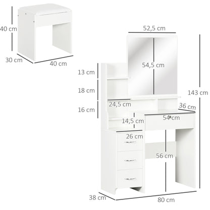 Make-up Tafel – Kaptafel – Schminktafel – Make-up Spiegel – Sieradenkast – Grote Spiegel – 4 Lades – Gevuld Met Planken – Padded Kruk – Wit