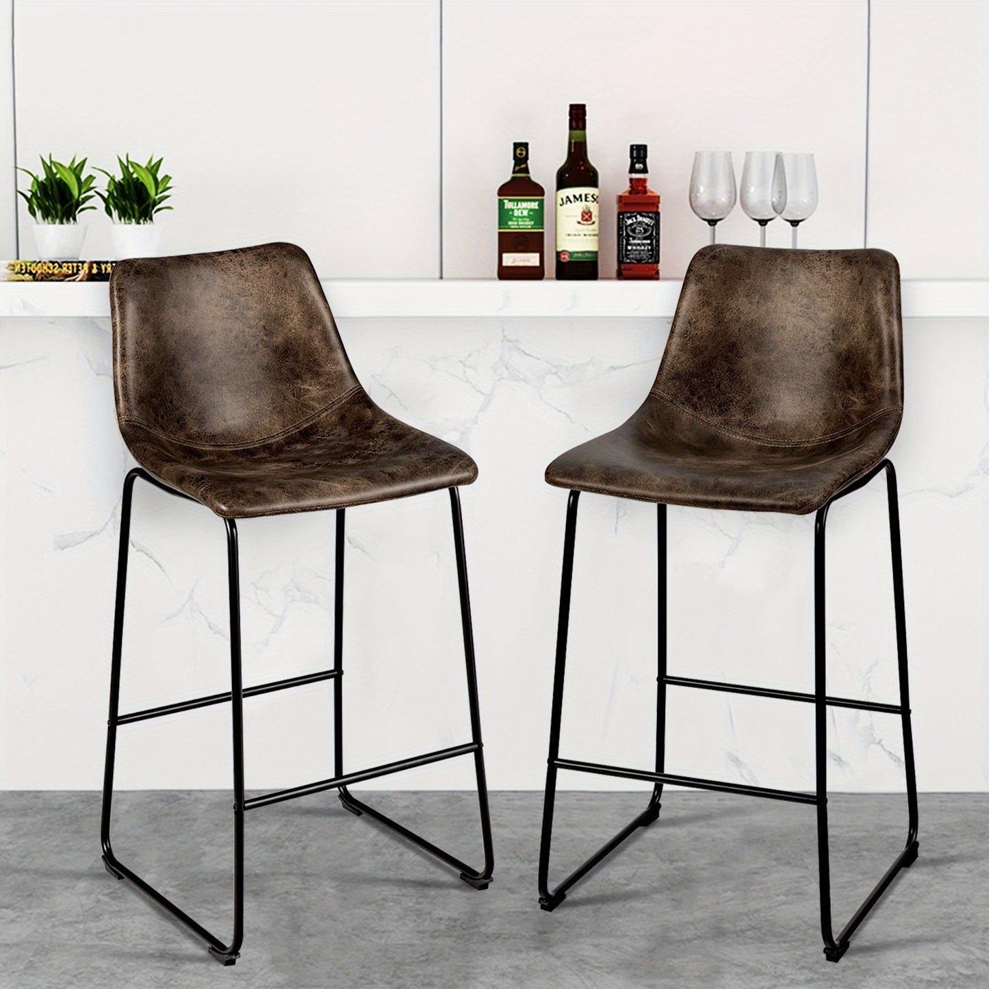 Barstoel – Barkruk – Keukenstoel – Barkruk – Barstoelen Set Van 2 – Imitatie Suède Bekleding – Metalen Frame – Zithoogte 76 cm – Vintage Bruin