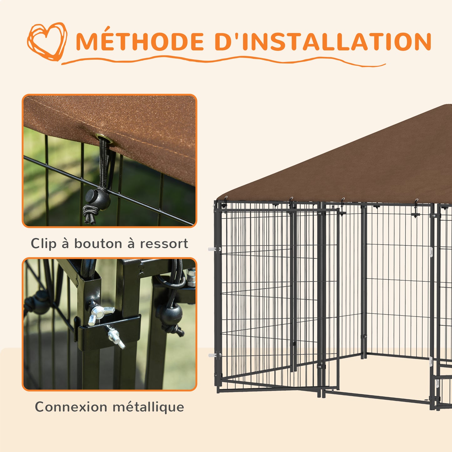 Hondenkennel – Hondenhok – Hondenren – Buitenkennel – Hondenverblijf – Stevig Stalen Frame – Weerbestendig Oxford Dak – Voederdeur Met Bakjes – Ruim 211x141x151 cm – Chestnut