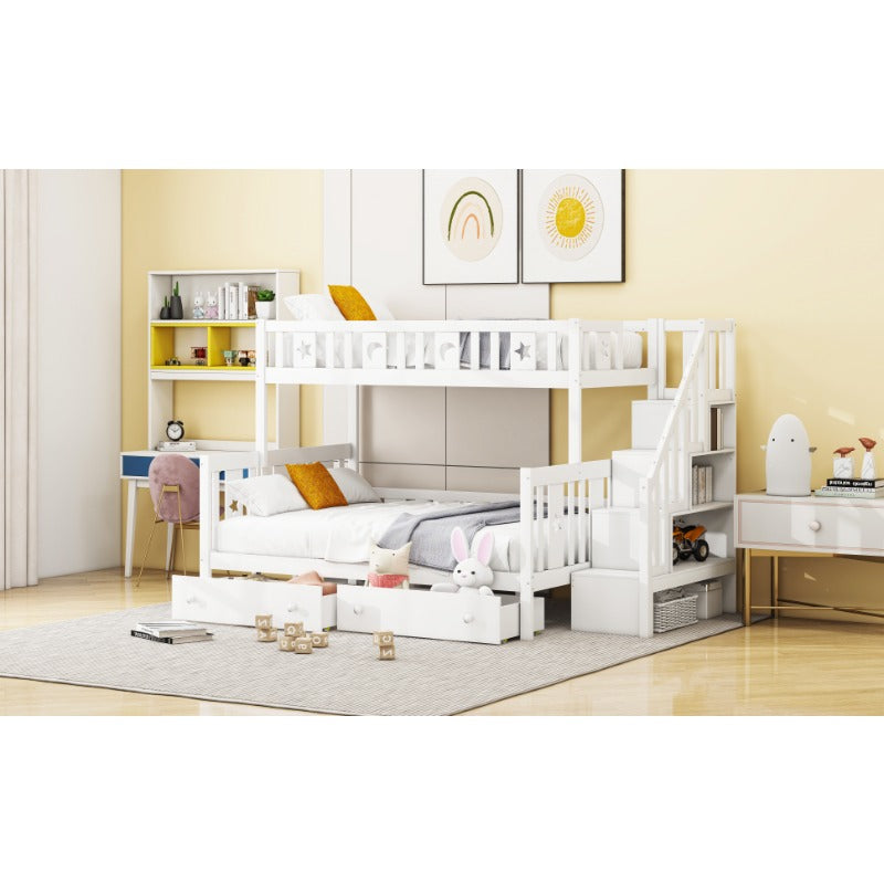 Hoogslaper – Stapelbed – Kinderbed – Mezzaninebed – Halfhoogslaper – Stabiele Trap – 2 Grote Lade Opbergruimtes – 90x200 & 140x200 cm – Wit Modern Design