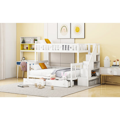 Hoogslaper – Stapelbed – Kinderbed – Mezzaninebed – Halfhoogslaper – Stabiele Trap – 2 Grote Lade Opbergruimtes – 90x200 & 140x200 cm – Wit Modern Design
