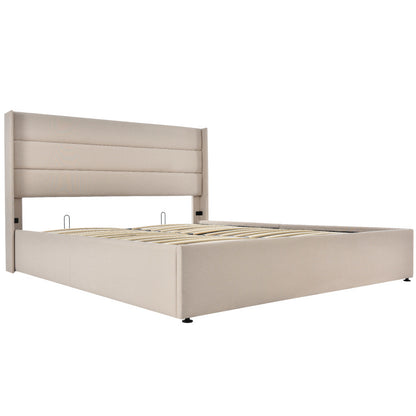 140x200cm Upholstered Hydraulic Storage Bed with Slatted Frame - Modern Retro Double Bed with Metal Frame & Beige Linen Fabric, Space-Saving Design, 181.44KG Weight Capacity, Easy-Clean Surface, No Box Spring Needed, Assembly