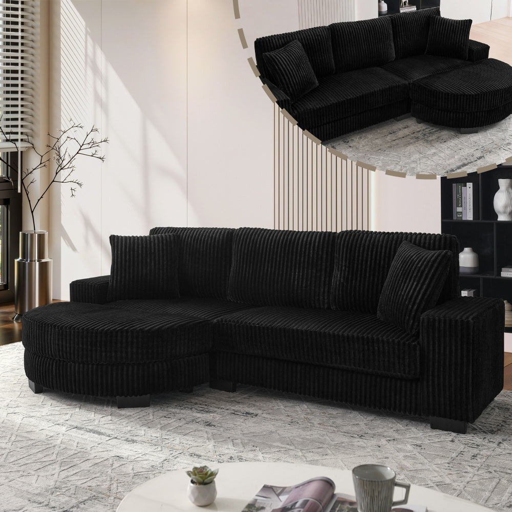 Hoekbank – L-vormige Bank – Corner Sofa – 4-Zits Bank – Corduroy Bank – Modulair Ontwerp – Inclusief Ovale Poef – Met 2 Kussens – Beige Met Zwarte Accenten