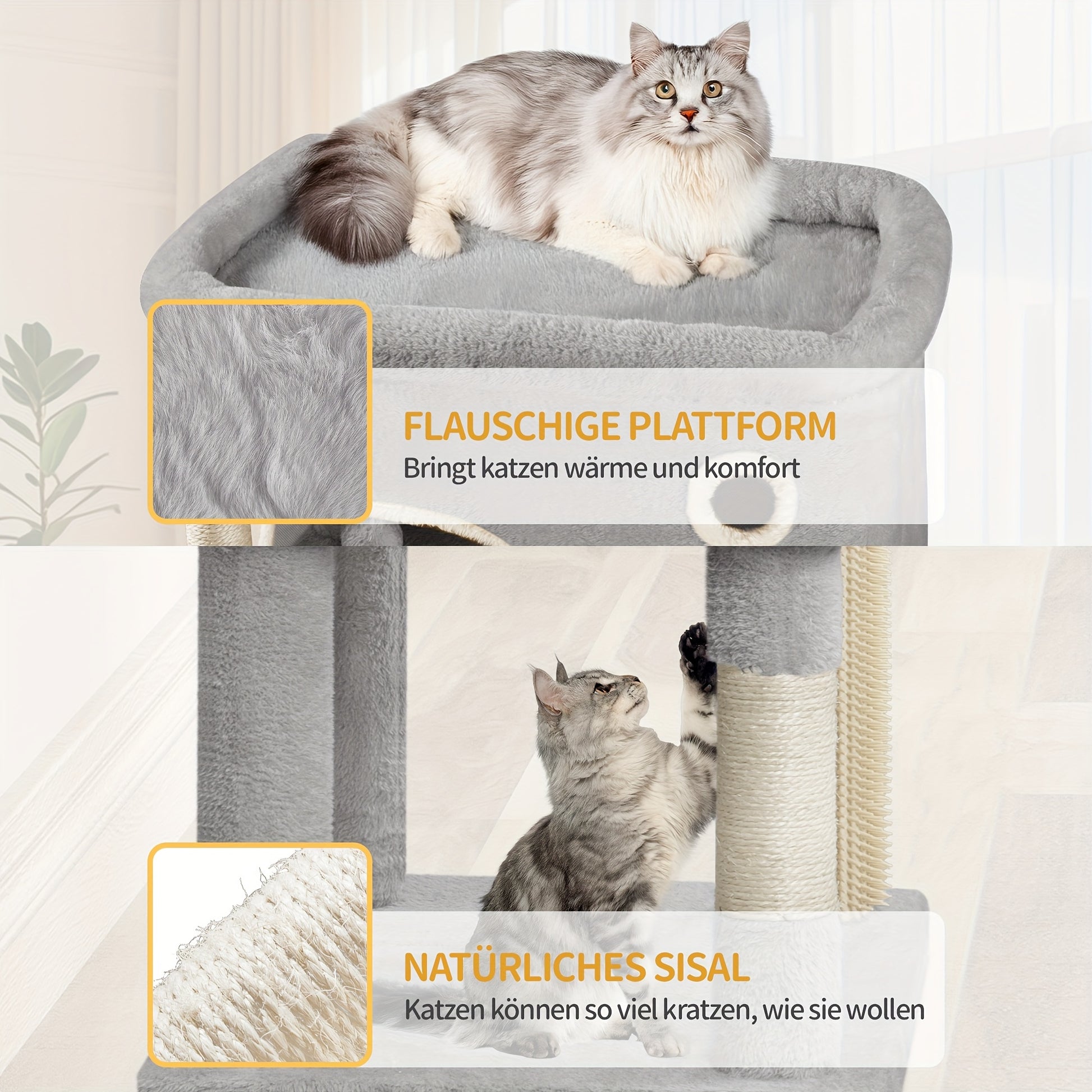 Cat Scratching Post with Large Platform, 2 Caves, 7 Scratching Posts, Pompoms, Loungers, Hammock, Suitable for All Cat Breeds, Light Grey/Dark Grey - QUORE