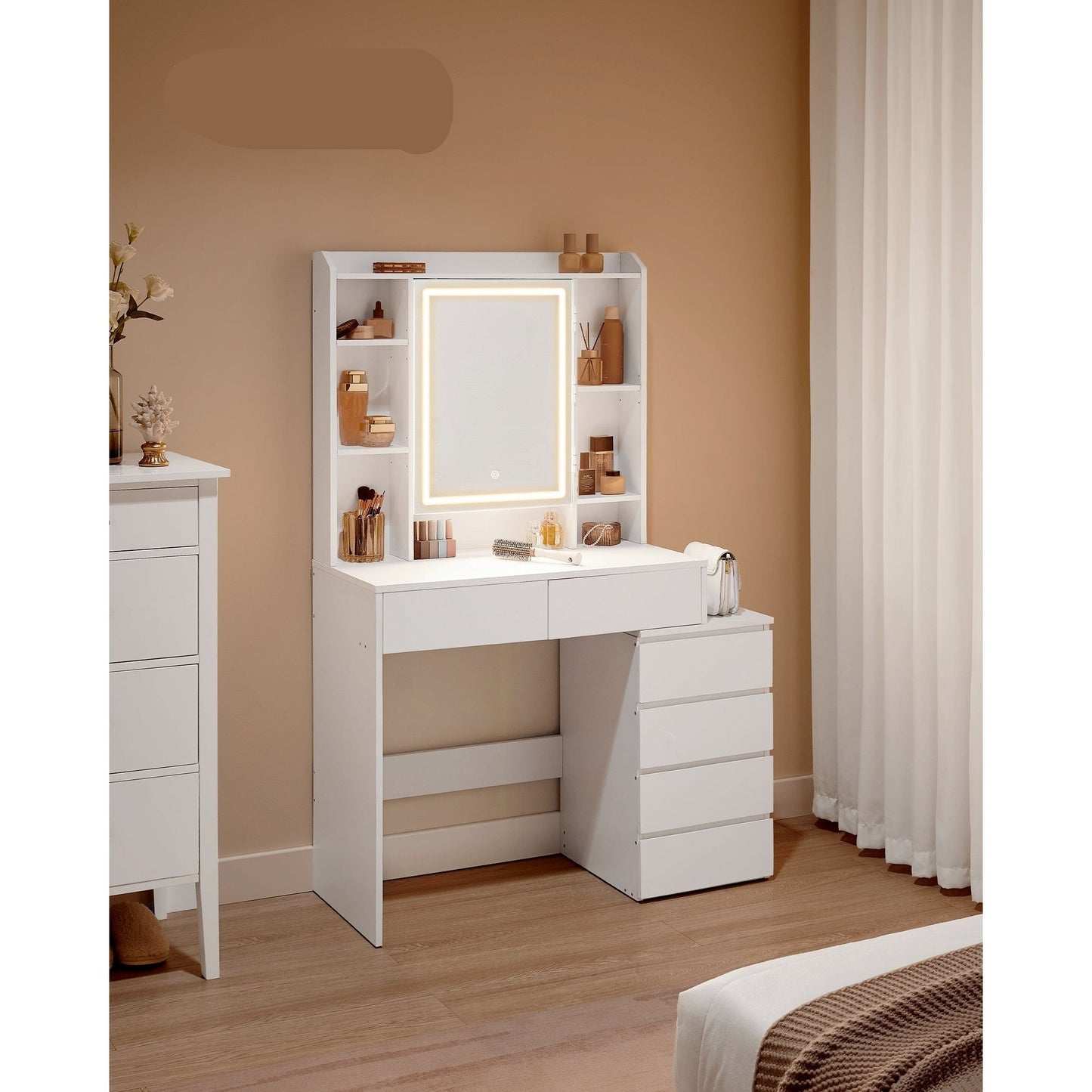 Toilettafel – Kaptafel – Make-up Tafel – Opmaaktafel – Dressoir – Verstelbare LED Verlichting – Wolkenwit MDF 40x97,5x145 cm