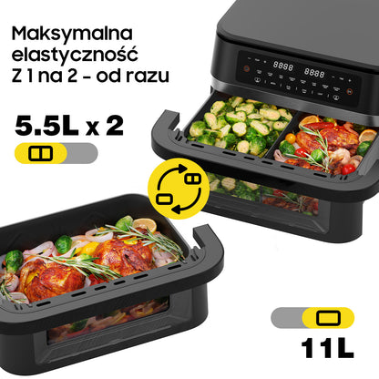 Airfryer – Heteluchtfriteuse – Digitale Friteuse – Gezond Koken – XXL 11L – 2950W Vermogen – Dual-Zone Met Verwijderbare Divider