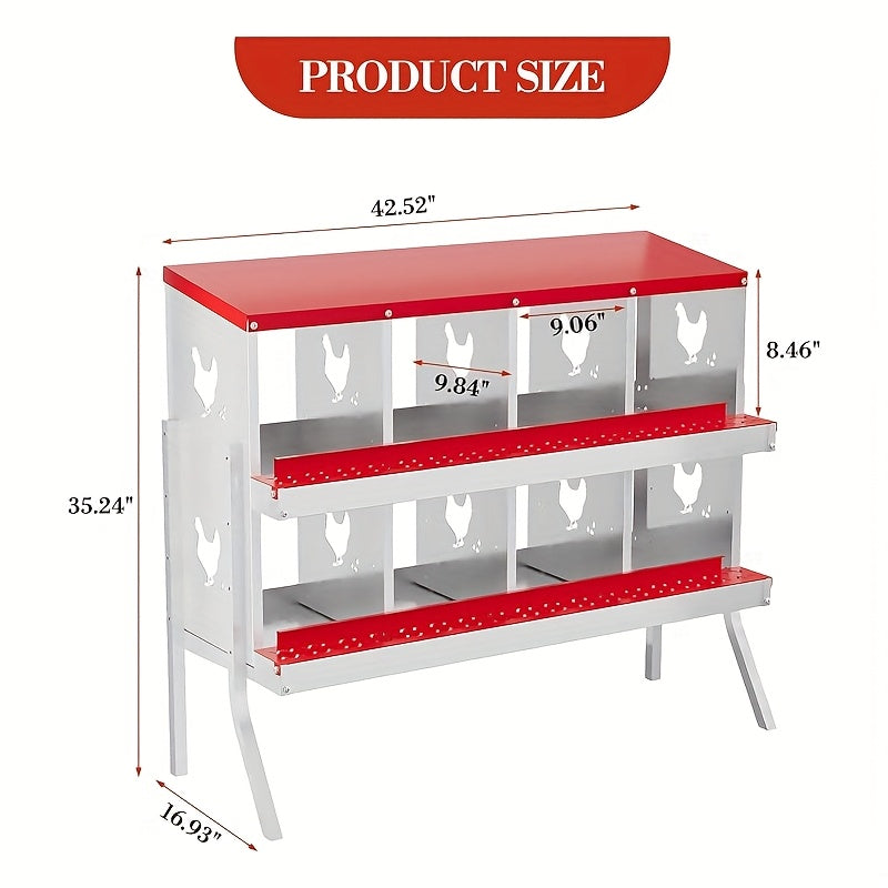Metal Chicken Nesting Box with Roll-Out Egg Collection, Perch & Vented Holes - Wall-Mountable or Floor-Standing Heavy-Duty Laying Box with Red Roof & Body, Ventilation System, Easy-Clean Design for Indoor/Outdoor Use, Fits Al