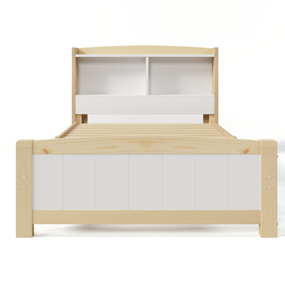 Bedframe – Eenpersoonsbed – Kinderbed – Logeerbed – Slaapbank – Massief Houten Frame – Opbergruimte Hoofdeinde – 90x200 cm – Wit – Duurzaam – Eenvoudige Montage