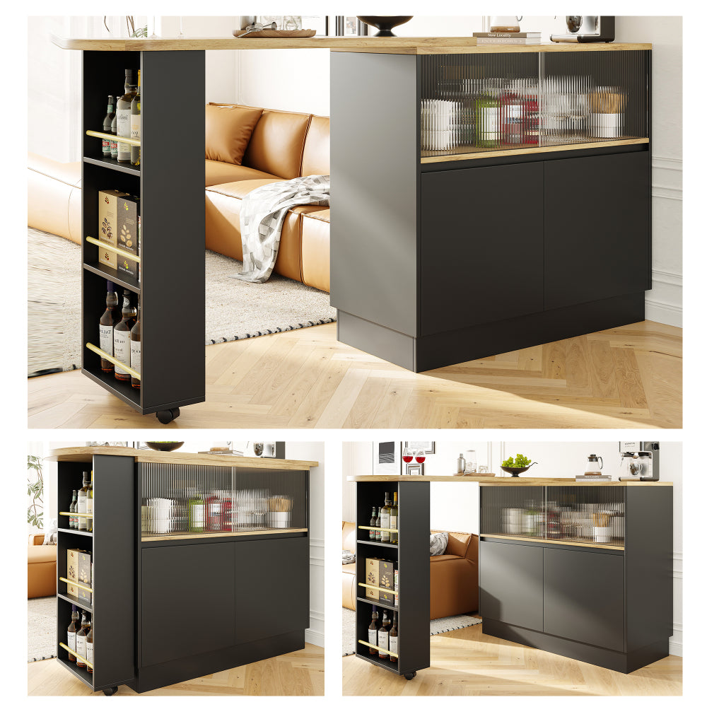 Modern 360° Rotating Bar Table with Glass Shelves - Multifunctional Kitchen & Dining Sideboard, 90x45x100cm, Easy Assembly, No Power Needed, Sleek Black Design for Contemporary Spaces, Kitchen Storage Solution, Minimalist Fu