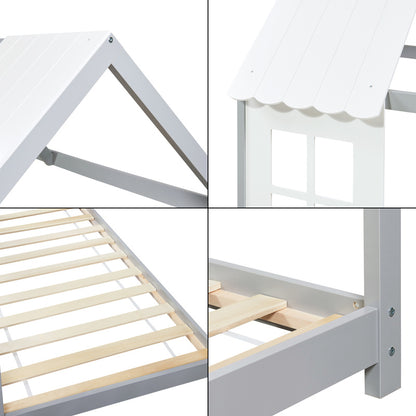Kinderbed – Kinderbedden – Eenpersoonsbed – Huisbed – Stapelbed – Semi-open Dak – Massief Grenenhout – 140x200 cm Mintgroen/Wit