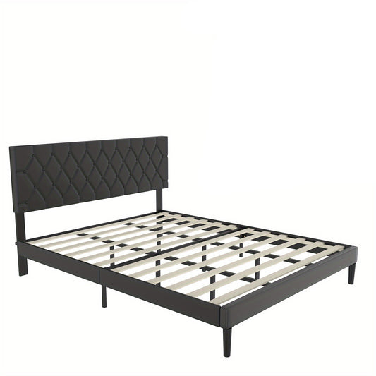 Bedframe – Gestoffeerd Bed – Tweepersoonsbed – Platformbed – Slaapbank – Zwart Kunstleer – 160x200 cm – Met Houten Lattenbodem