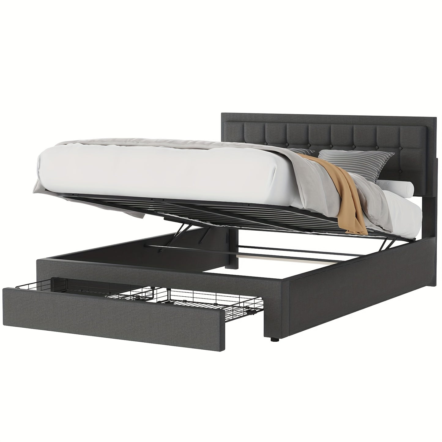 Bedframe – Tweepersoonsbed – Gestoffeerd Bed – Opbergbed – Slaapbank – 140x200 cm – Hydraulische Lift – Ruime Onderbedlade