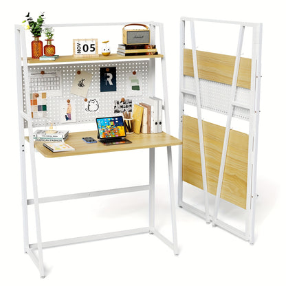 Bureau – Werkplek – Computertafel – Schrijftafel – Bureautafel – Eikenhout Met Wit Metalen Frame – Inclusief Opbergrek – Compact 138x40x86 cm